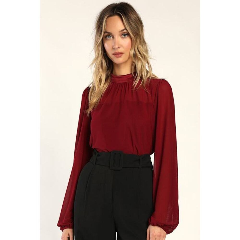 Lulus Chic Image Wine Red Mesh Long Sleeve Bodysuit - Size S